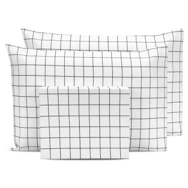 Imagem de Jogo de Lençol Queen 3 peças Estampado c/Ponto Palito Percal 180 fios - 40 CM DE ALTURA (GEOMÉTRICO BRANCO)