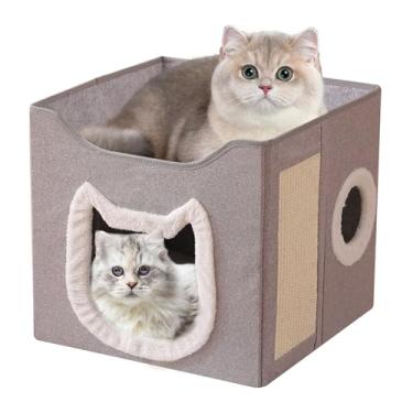 Imagem de Rrlihjgu Casa para Gatos Interior | Abrigo Doméstico Dobrável para Animais | Casa de 2 Camadas Grande Aconchegante com Arranhador e Bola para Cães e Gatos Interior Exterior Inverno