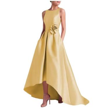 Imagem de Vestido formal Winaiwi de cetim alto e baixo, gola redonda, dourado, t