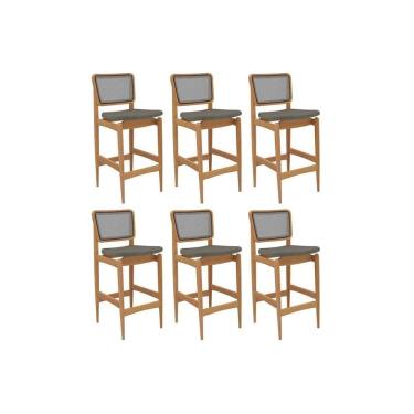 Imagem de Banqueta Sala de Jantar Liz 1BMM009CA Premium Madeira Maciça Kit 6 Un Carvalho/Linho Escuro/Tela Grafite - Kappesberg