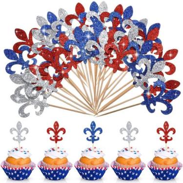 Imagem de Cupcake Toppers Pasimy Fleur De Lis Glitter Vermelho Branco Azul x48