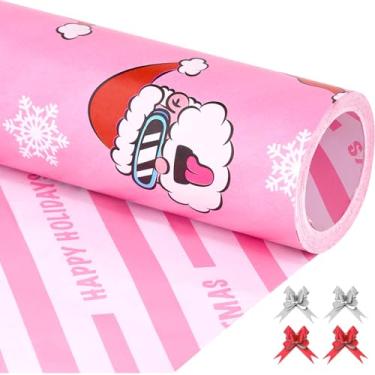 Imagem de EWES Conjunto de rolos de papel de embrulho de Natal rosa, embrulho de presente infantil engraçado, desenho fofo com Papai Noel, floco de neve, reversível, total de 28,5 m²