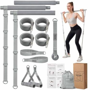 Imagem de YOTTOY Kit de barra de pilates com faixas de resistência – Bastão de Pilates removível de 3 barras para treino de corpo inteiro, equipamento de ginástica em casa para mulheres e homens, barra