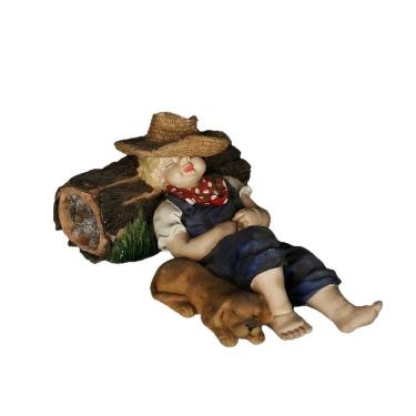 Imagem de Estátua de jardim em resina de menino e cachorro encantadores com decoração de troncos