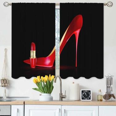 Imagem de Gpiaoyfo Grande salto vermelho sapato cozinha cortinas batom elegante feminino fashionagute beleza calçados cortinas de camada curta para banheiro café pequenas janelas tratamento 2 painéis (27,5 x 39