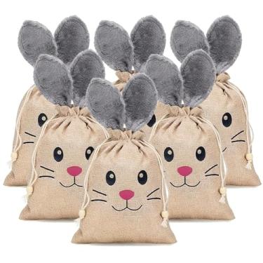 Imagem de 6 sacos de aniagem de linho de Páscoa com cordão e orelhas de coelho fofas para presente adequado para presente de Páscoa
