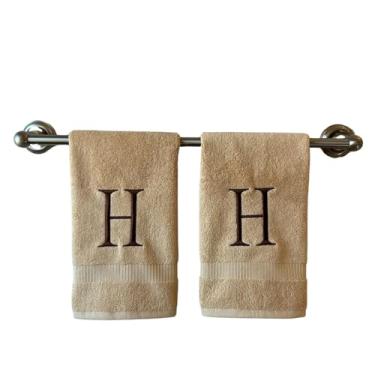 Imagem de Toalha de mão bege inicial para banheiro - Toalha bordada decorativa de qualidade de hotel de luxo monograma para lavabo, spa - Certificado orgânico GOTS - Conjunto de 2 letras marrons H
