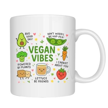 Imagem de EZCLASSY - Caneca Vegan Vibes – Linda xícara de café trocadilho à base de plantas com ilustrações de vegetais Kawaii, presente engraçado para veganos, vegetarianos, amantes da nutrição, estilo de vida