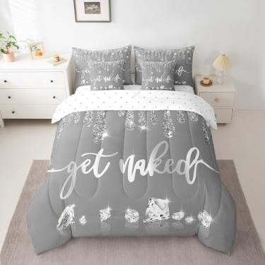 Imagem de Feelyou Jogo de cama infantil Get Naked Queen com glitter, prata, diamante, luxo, strass, cinza, arte moderna em uma bolsa com edredom, lençóis, fronhas e capa de almofada (sem glitter)