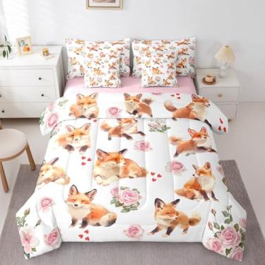 Imagem de Erosebridal Jogo de cama solteiro com raposa fofa, 7 peças, para meninos, floral, 1 edredom, 1 lençol de cima, 1 lençol com elástico, 2 fronhas, 2 fronhas
