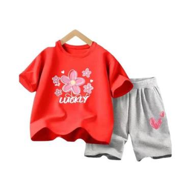 Imagem de Conjunto De Roupas De Verão Para Meninas Camiseta Com Flores E Shorts 