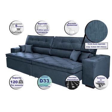 Imagem de Sofá Austin 2,22m Retrátil, Reclinável Com Molas No Assento E Almofadas, Suede Azul Cama Inbox