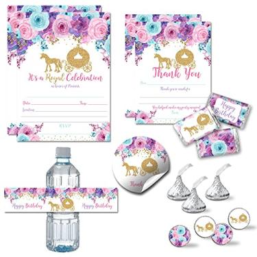 Imagem de O pacote de luxo floral para festa de aniversário inclui 20 convites e cartões de agradecimento com envelopes + 2 tamanhos diferentes de adesivos, mini embalagens para barra de doces e etiquetas para garrafas de água!
