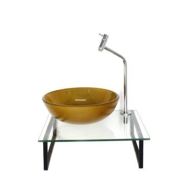 Imagem de Kit Cuba de Vidro Redonda 1cm Tampo 40cm com Suporte Torneira Valvula Dourado