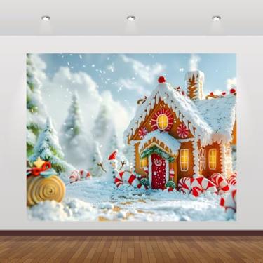 Imagem de Pano de fundo de casa de gengibre de Natal, 3 x 2,4 m de inverno, Feliz Natal, Papai Noel, Candyland, pirulito, boneco de neve de inverno, floco de neve, cenário de fotografia de festa de Natal para
