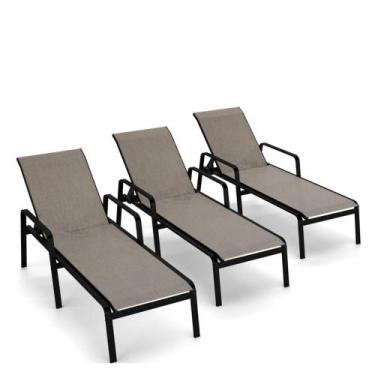 Imagem de Kit 3 Espreguiçadeira Piscina Alumínio Preto Tela Mocca - Aluv Móveis