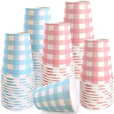 Imagem de WYQJHKV Copos de papel azul claro e rosa, copos descartáveis guingão azul claro e rosa, copos de papel para artigos de festa de casamento de aniversário (50 peças)