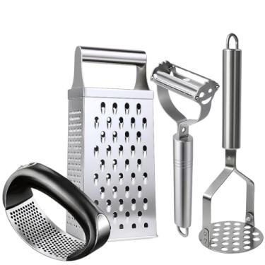 Imagem de Kit de Utensílios de Cozinha 4 Peças, Ralador, Descascador, Amassador de Batatas, Espremedor de Alho, Aço Inoxidável