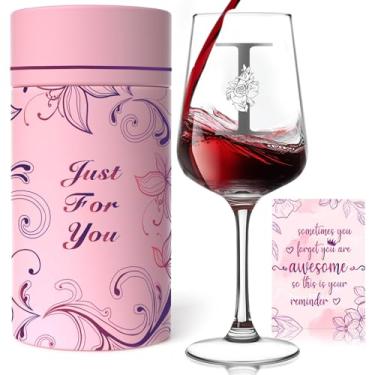 Imagem de Presentes de taça de vinho monograma personalizados para mulheres - Taça de vinho personalizada A-Z com caixa de presente e cartão comemorativo, presentes de aniversário exclusivos de Natal para ela