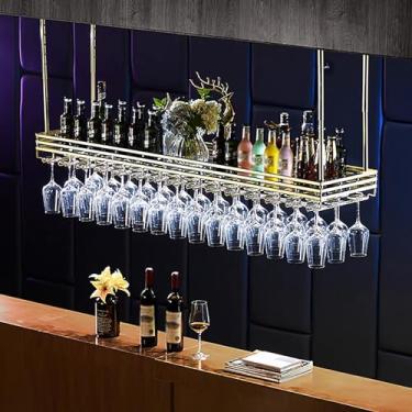 Imagem de Rack de teto para copos de vinho, rack de vinho suspenso com suporte de vidro, suporte de garrafa de vinho de ferro, prateleira de vinho, barra de teto de metal ajustável em altura para bar café