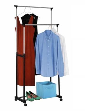 Imagem de Arara Dupla para Roupas em Ferro e Plástico Reforçado com Rodinhas | Organizador Ajustável de Alta Resistência para Quarto, Closet, Lavanderia e Loja
