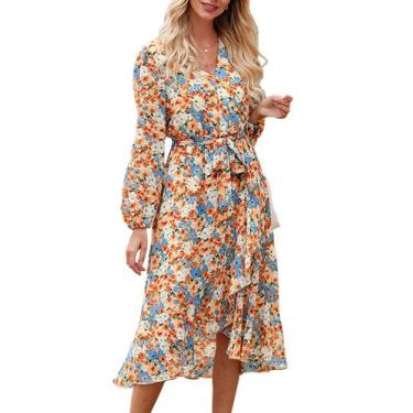 Imagem de Vestido PRETTYGARDEN Floral Boho Transpassado Decote V Manga Longa M