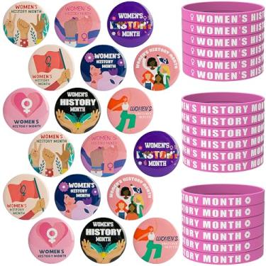 Imagem de Wehhbtye Conjunto de 36 peças de alfinetes e pulseiras femininas do mês da história, botões feministas de 4 cm com pulseira de silicone, brindes de festa de conscientização feminina para suprimentos