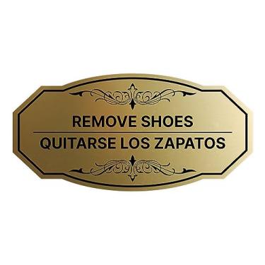 Imagem de Signs ByLITA Sapatos Victorian Remove - Placa bilíngue Quitarse los zapatos (ouro escovado) - Pequeno (pacote com 2)
