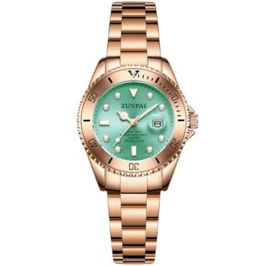 Imagem de ZUNPAI Relógios femininos com bisel rotativo, data, à prova d'água, luminoso, aço inoxidável, analógico, quartzo, relógio de pulso feminino, elegante, luxuoso, para mulheres, verde-rosa, Casual