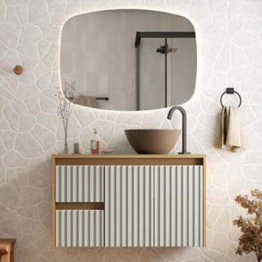 Imagem de Conjunto Gabinete Banheiro Ripado Espelho e Cuba Suspenso