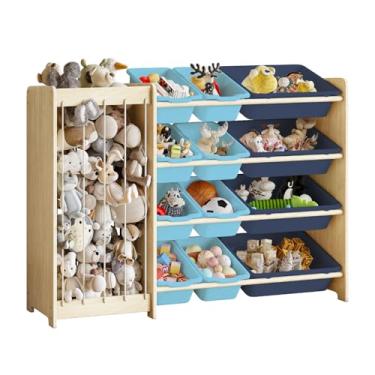 Imagem de EXPERLAM Organizador de brinquedos para crianças, armazenamento de animais de pelúcia 2 em 1 e organizador de brinquedos com 12 caixas de armazenamento, rack de brinquedos de madeira maciça com cordas