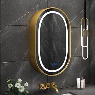 Imagem de AKALNNB Armário de remédios para banheiro com luzes e armário de armazenamento, armário de remédios de banheiro antiembaçamento montado na parede com luz regulável e interruptor de toque, oval 19