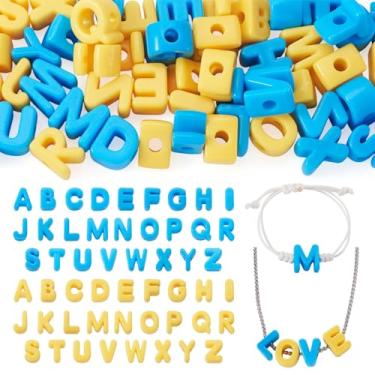 Imagem de Beadthoven 52 peças, 26 contas de acrílico de letras grandes de plástico azul amarelo 3D A-Z alfabeto amuleto misto, bloco do alfabeto, contas de letras para chaveiro faça você mesmo, pulseira, joias