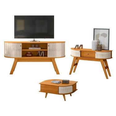 Imagem de Rack Bancada Atlanta E Aparador Estoril Com Mesa De Centro Indianápolis Cinamomo Off White - Madetec