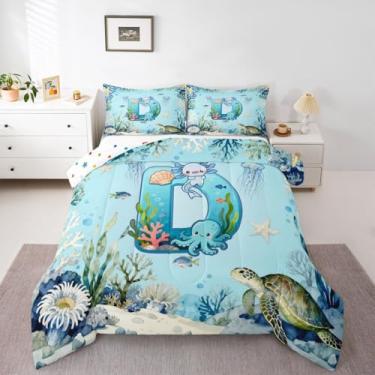 Imagem de Erosebridal Conjunto de edredom tamanho casal com estampa de axolote azul, letra D, desenho animado, animal, oceano, para crianças, meninos, meninas, monograma, alfabeto, salamandra, conjunto de cama