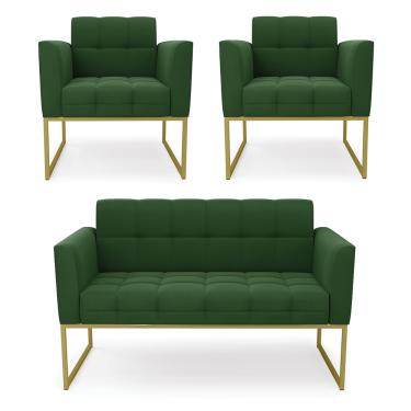 Imagem de Kit 1 Sofá Namoradeira e 2 Poltronas Elisa Suede Verde Base Metálica Industrial Dourado D03 - D'Rossi