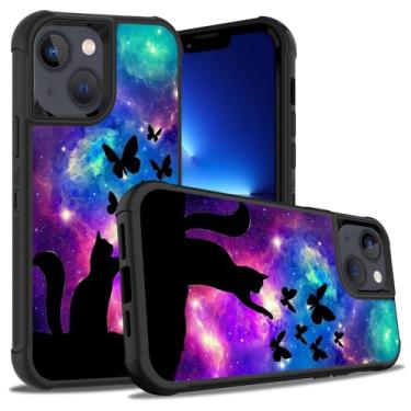Imagem de ZXHSBROK Capa para iPhone 15, capa de proteção contra quedas de plástico rígido híbrido 3 em 1 resistente à prova de choque de silicone macio para iPhone 15 (2023) 6,1 polegadas, galáxia nebulosa gato
