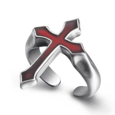 Imagem de Elfasio Anel de cruz vintage preto vermelho cola gotejante simples unissex aço inoxidável cruz cristitana anel religioso tamanho 8-13, Aço inoxidável, Sem pedras preciosas