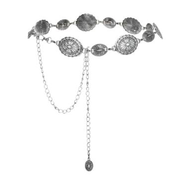 Imagem de HUSSATOP Cinto feminino Western Metal Concho com corrente de corrente de metal ajustável para vestidos e calças jeans, Prata, tamanho �nico