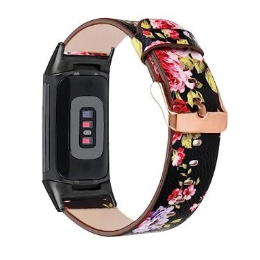 Imagem de Abanen Pulseiras de couro para Fitbit Charge 5, pulseira feminina de couro macio com estampa floral com liberação rápida de aço inoxidável compatível com Fitbit Charge 5 (preto)