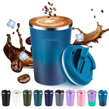 Imagem de Volhoply Caneca de café de viagem isolada a vácuo de parede dupla de 350 ml com tampa flip, copo de café reutilizável à prova de vazamento, copo térmico portátil adequado para bebidas quentes e frias