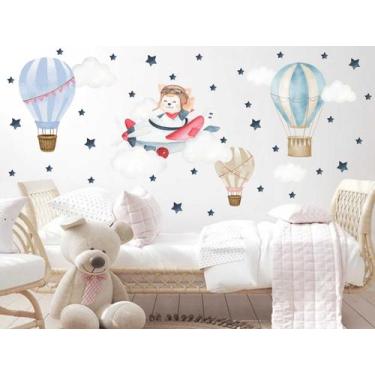 Imagem de Adesivo de Parede Urso Aviador Balões Nuvens Aquarela - Adesivos Kigru