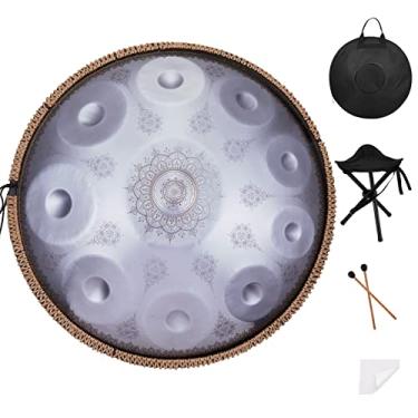 Imagem de Handpan premium, 432 Hz, 56 cm, 10 notas, ré menor, conjunto de tambor de aço, impressão prateada, para adultos