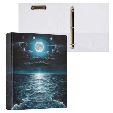 Imagem de Fichário de 3 anéis de paisagem de lua silenciosa, noite e mar, fichário decorativo de 3,8 cm, com prancheta e 3 bolsos transparentes, comporta 200 folhas de papel tamanho A4 à prova d'água para