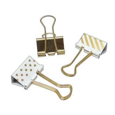 Imagem de Prendedor de Papel 25mm Dourado, Listras e Bolinhas 10 Unidades - Tili