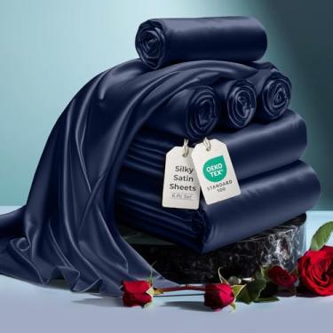 Imagem de Jogo de cama de casal de cetim DECOLURE, 6 peças, luxuoso, sedoso, não amassa, lençol com elástico para colchões de 38 cm, perfeito para cabelo e pele, presente para mulheres, azul-marinho