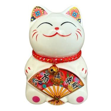 Imagem de Cofrinho pequeno para gatos da sorte – cofrinho de cerâmica Feng Shui Maneki Neko para boa sorte e prosperidade, ornamento Feng Shui Dinheiro Fortuna gato presente decorações para casa, escritório