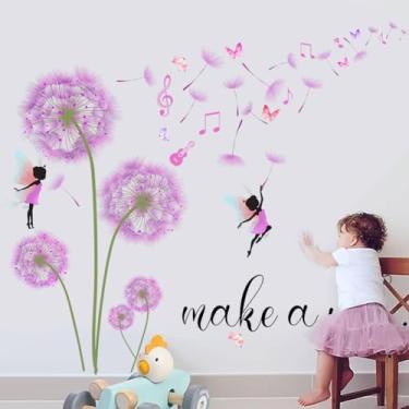 Imagem de ZARROUEA Decalques de parede de dente-de-leão roxo, decoração de vinil removível com flores borboletas, pássaros, design floral colorido rosa e preto para sala de estar, quarto, berçário