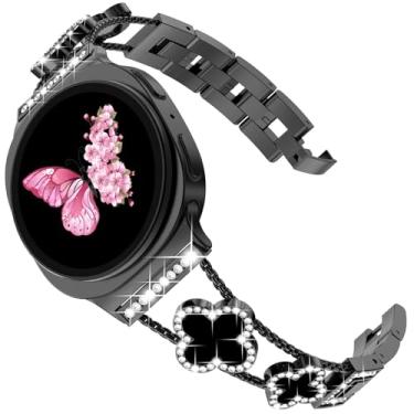 Imagem de Pulseira feminina de trevo de quatro folhas para Galaxy Watch 8/Watch 8 Classic de 40 mm/44 mm, diamante brilhante brilhante, pulseira luxuosa para Sansung Galaxy Watch 8/8 Classic, preta/preta