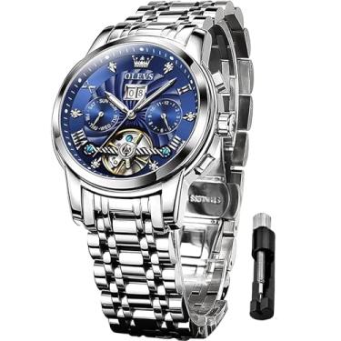 Imagem de OLEVS Relógio masculino automático, esqueleto, mecânico, clássico, luxuoso, multicalendário, aço inoxidável, à prova d'água, luminoso, relógio de pulso para homens, azul